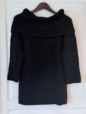 Donna Karan Black Cashmere Large Cowl Off-Shoulder Ribbed Knit Sweater